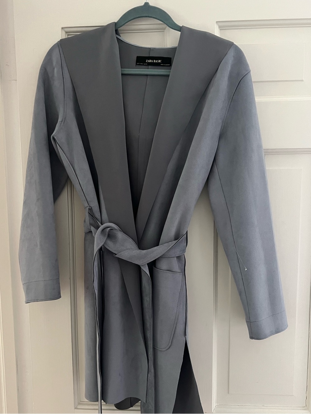 Zara Light Blue/Gray Belted Hooded Wrap Coat